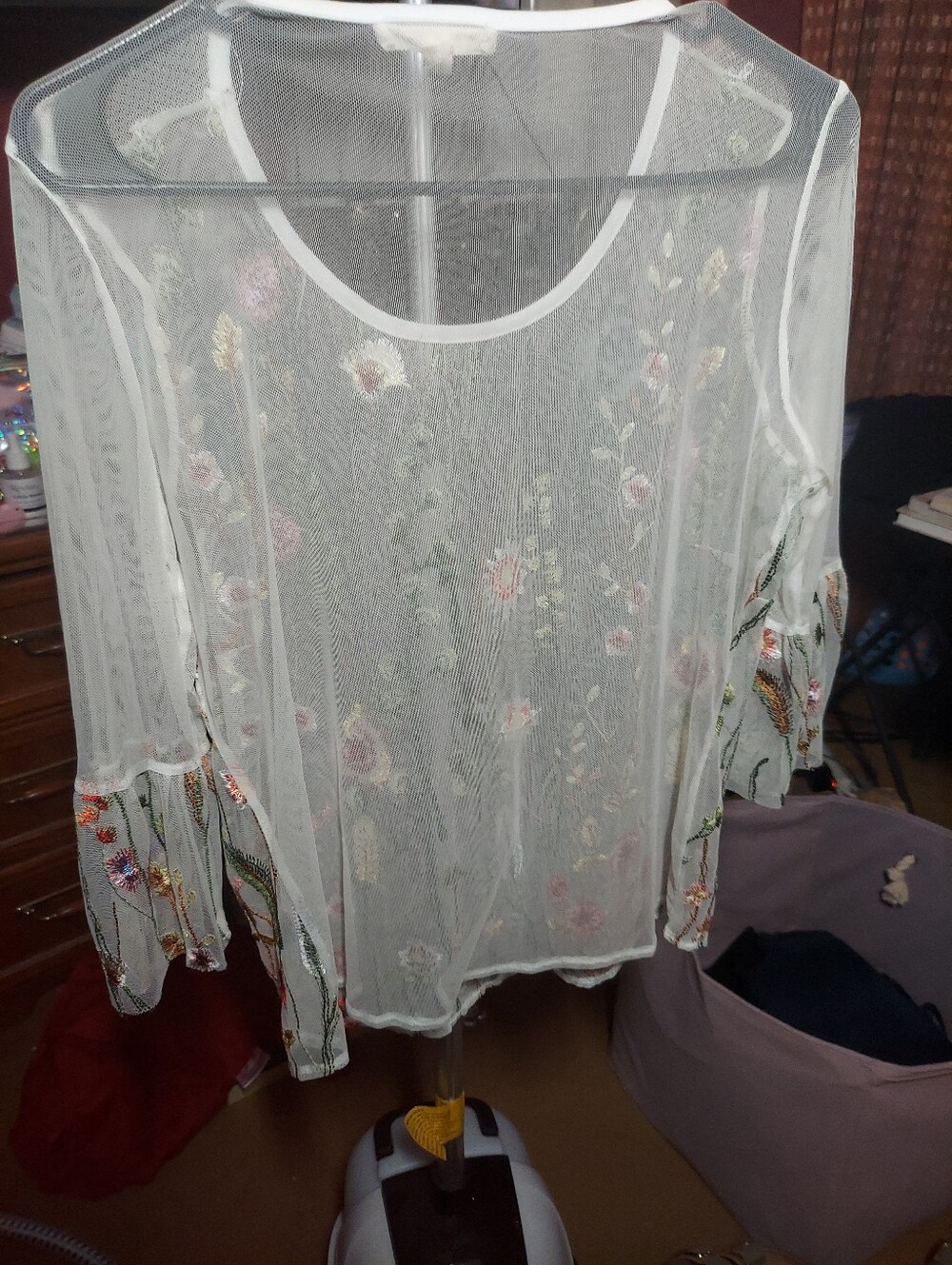 Grand And Green Botanical Spring Wildflower Embroidered Mesh Sheer Blouse M - Picture 8 of 8
